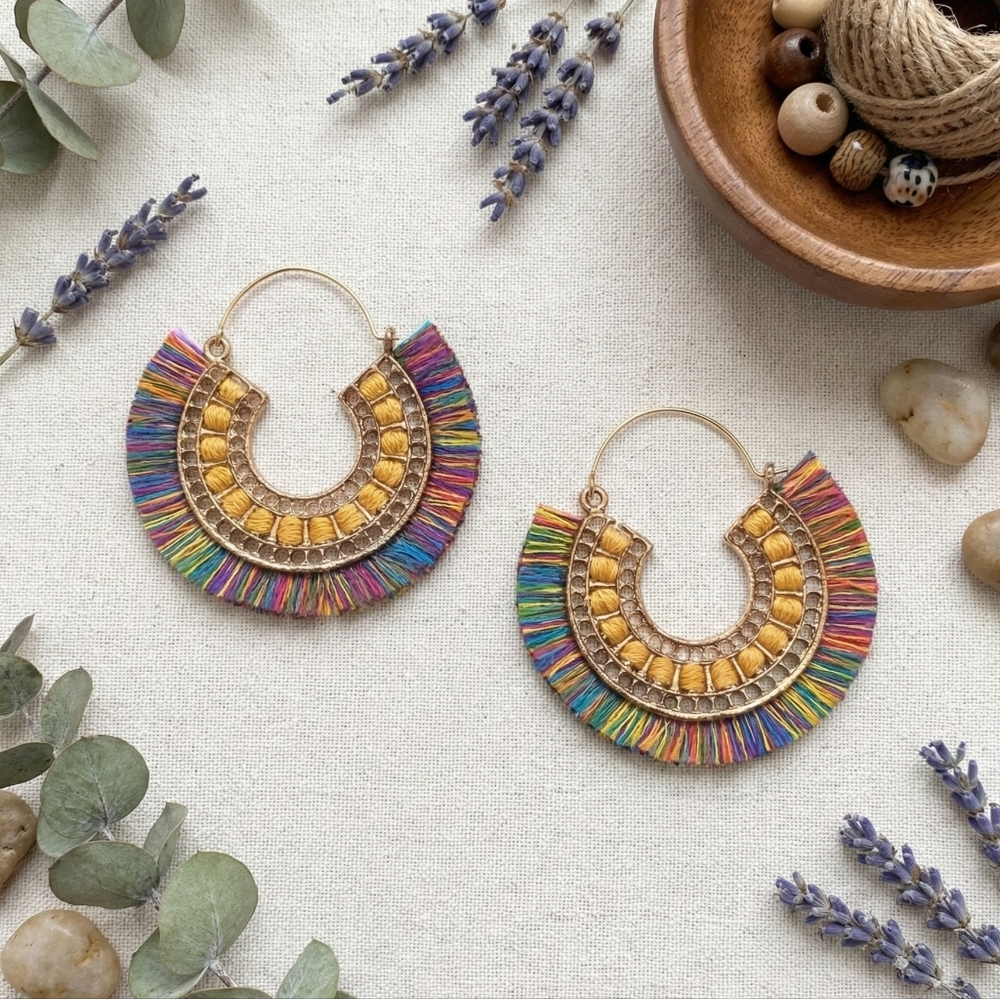 Boho Rainbow Fringe Hoop Earrings Gold Tone Indian Artisan Statement Jewelry 28$